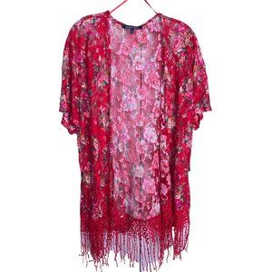 SweetRain Womens NWT Kimono with Fringe Size M Red Floral Print Boho Dark Fairy
